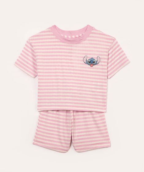 pijama de viscose infantil curto listrado stitch lilás