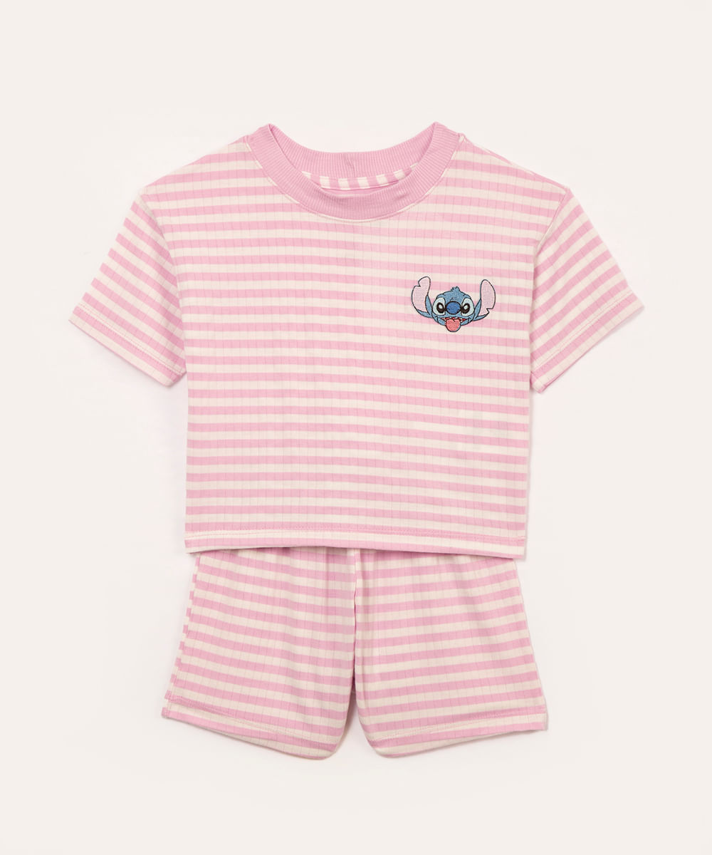 pijama de viscose infantil curto listrado stitch lilás
