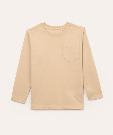 camiseta infantil com bolso manga longa bege
