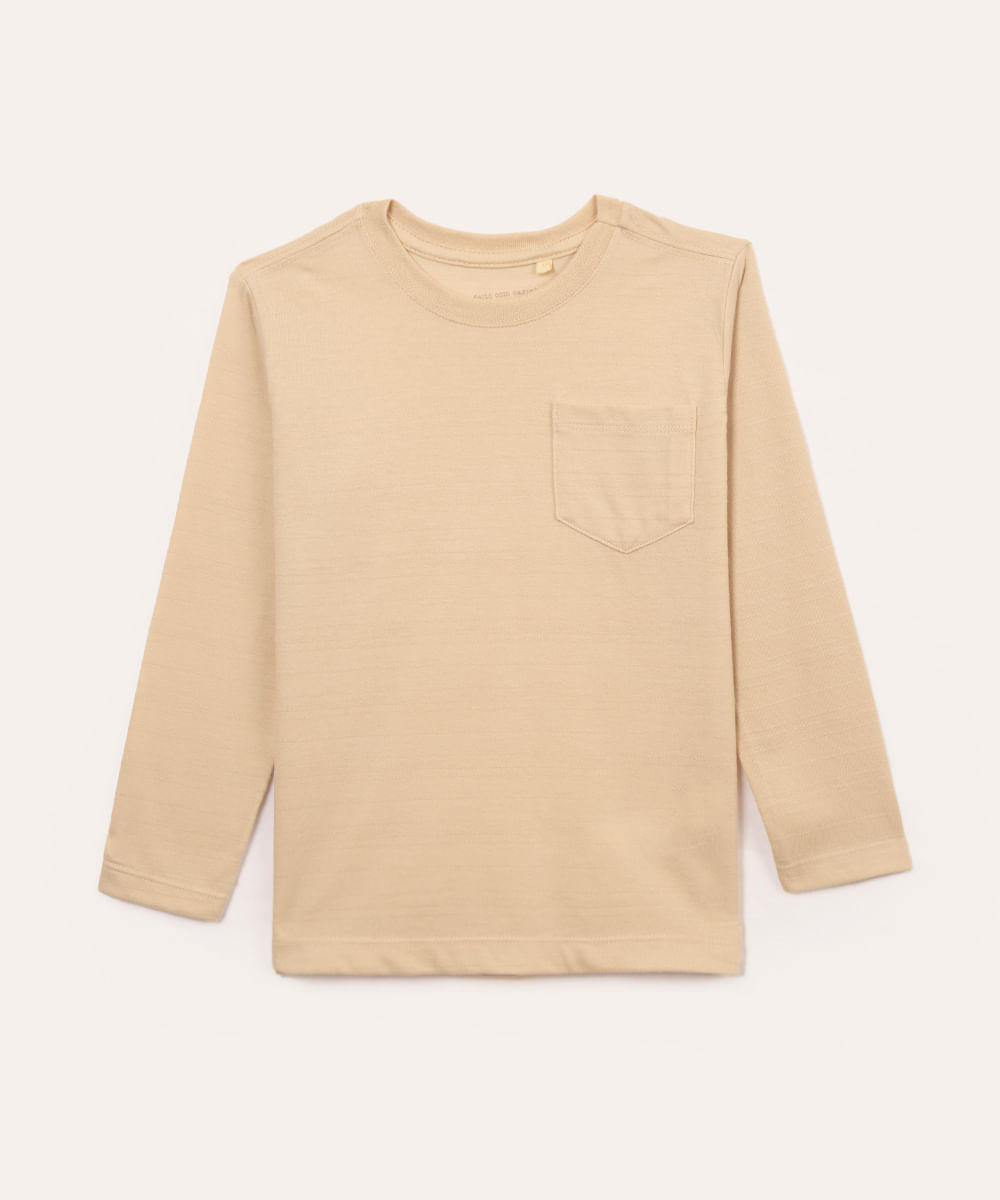 camiseta infantil com bolso manga longa bege
