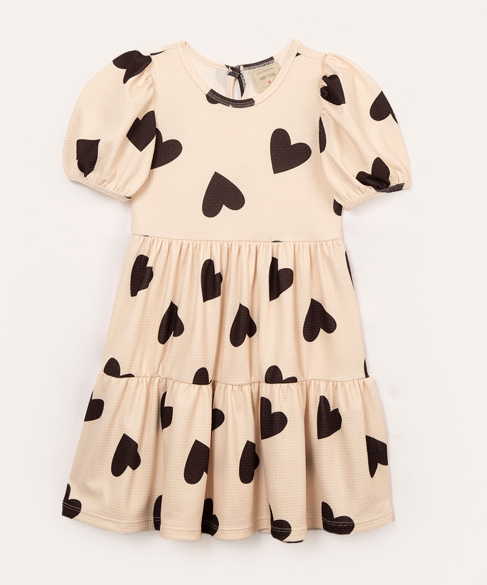 vestido infantil com mangas bufantes coração bege