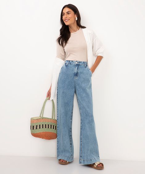 calça jeans wide leg cintura alta barra larga azul
