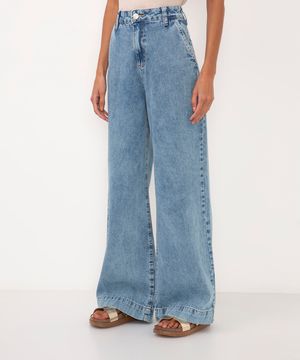 calça jeans wide leg cintura alta barra larga azul