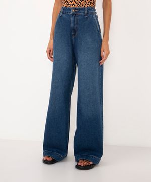 calça jeans wide leg cintura alta barra larga azul escuro