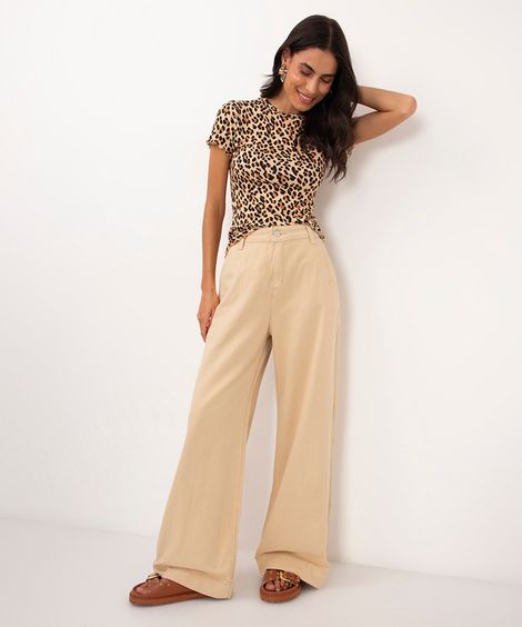 calça de sarja wide leg cintura alta barra larga bege