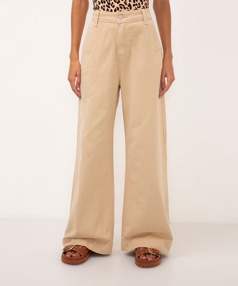 calça de sarja wide leg cintura alta barra larga bege