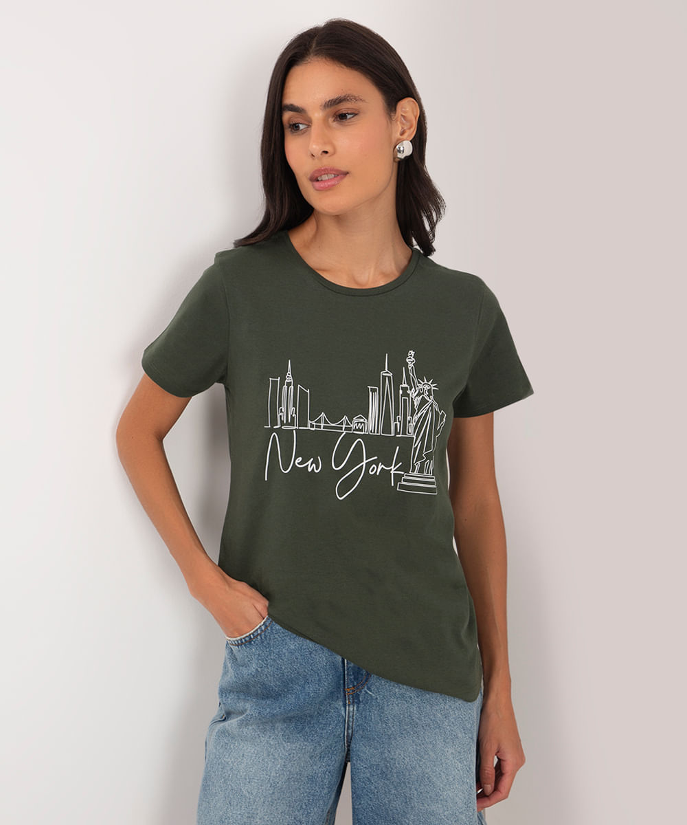 camiseta de algodão manga curta new york verde militar