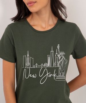 camiseta de algodão manga curta new york verde militar