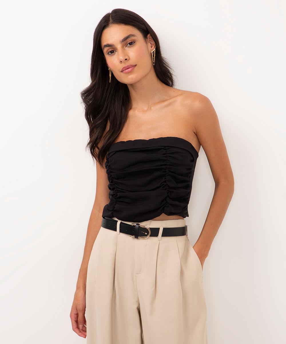 cropped de viscose sem manga drapeado preto