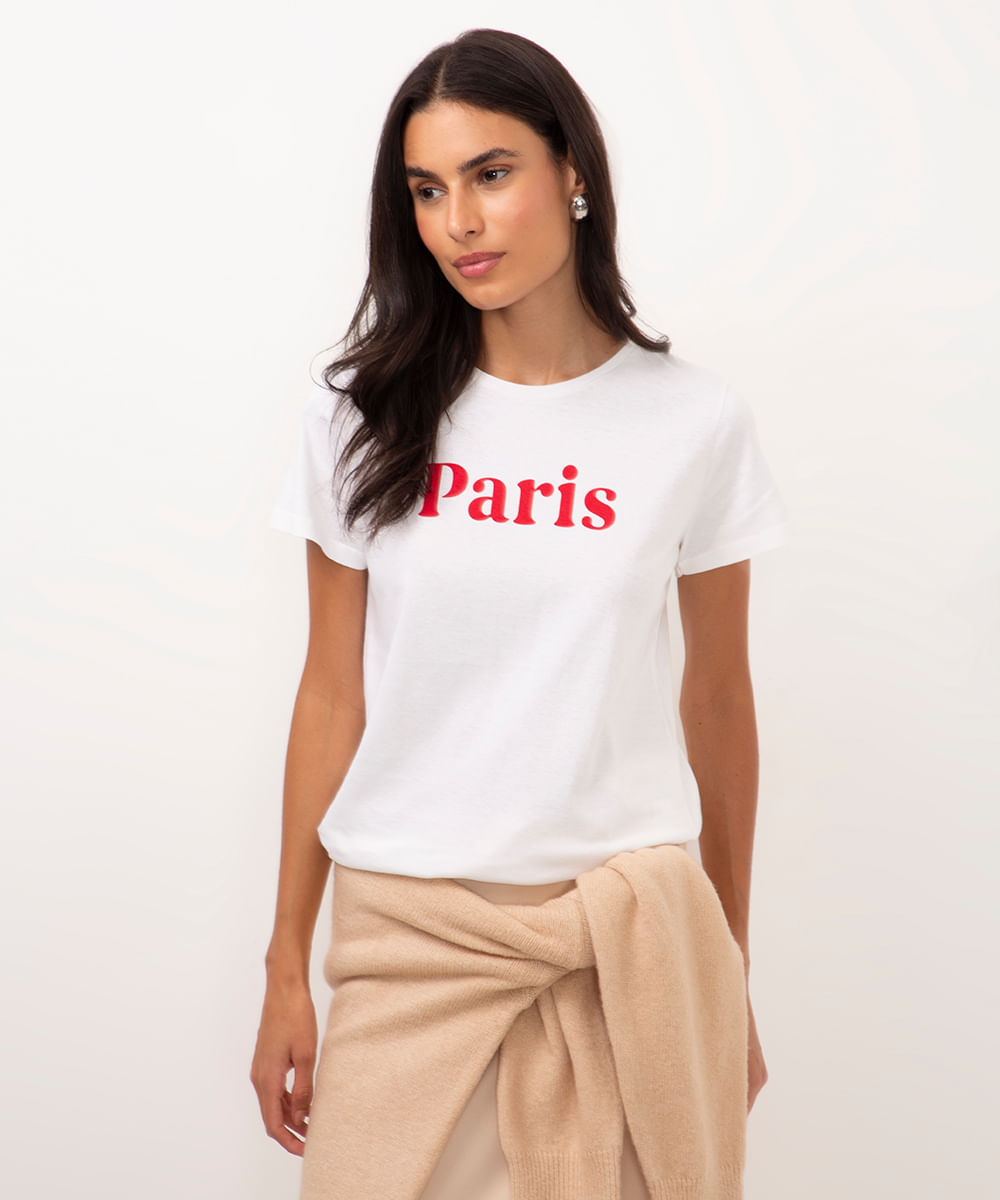 camiseta de algodão manga curta paris off white