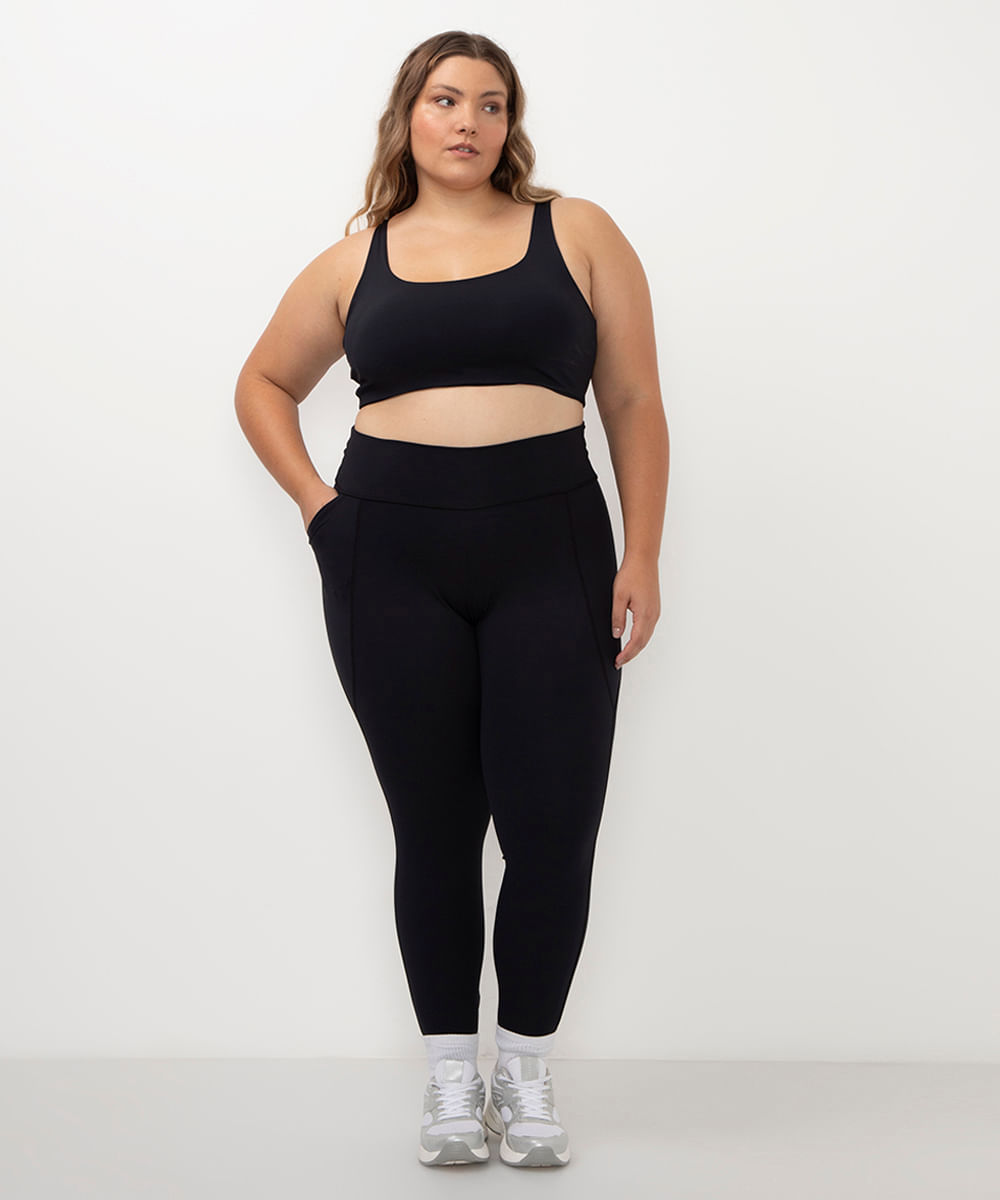 calça legging plus size com bolso e cintura alta mindset marrom preto