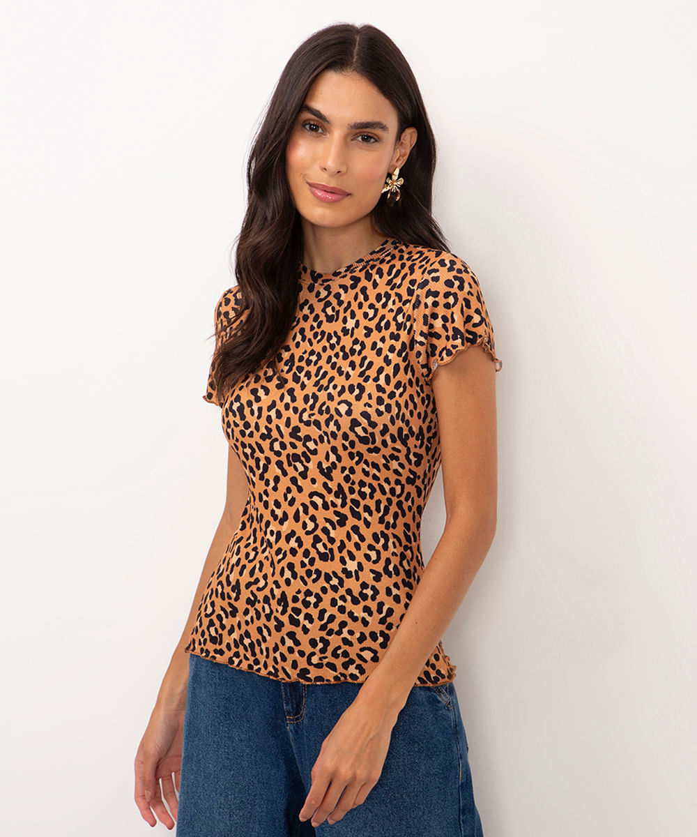 camiseta de viscose manga curta animal print marrom