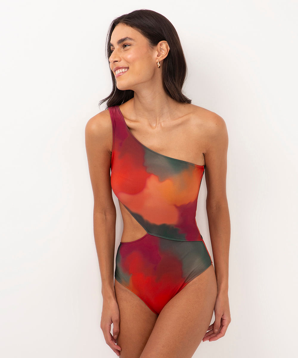 maiô ombro único cut out marmorizado proteção uv vermelho