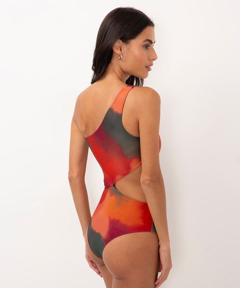 maiô ombro único cut out marmorizado proteção uv vermelho