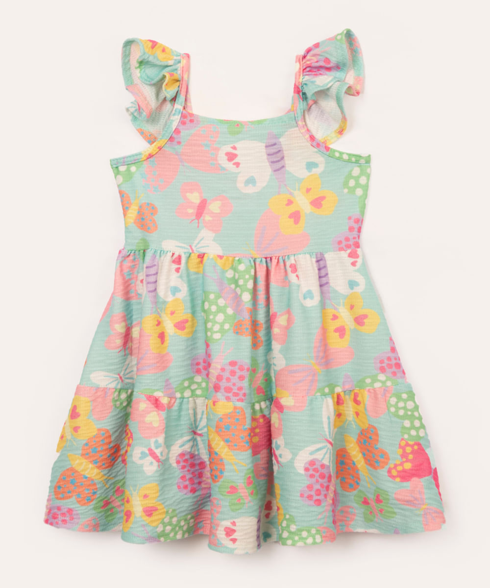 vestido midi infantil com babado e borboleta verde