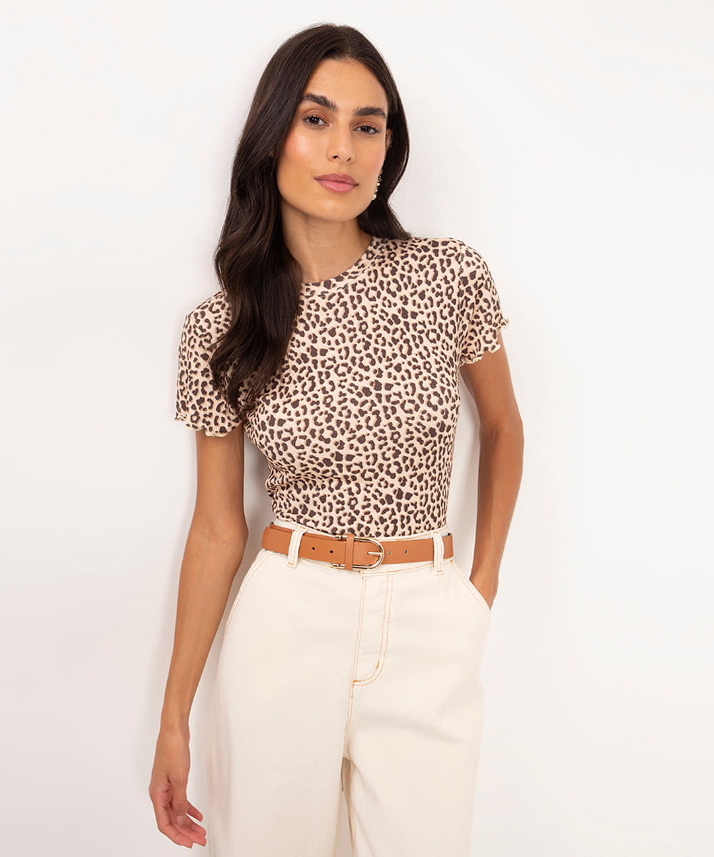 camiseta de viscose manga curta animal print bege