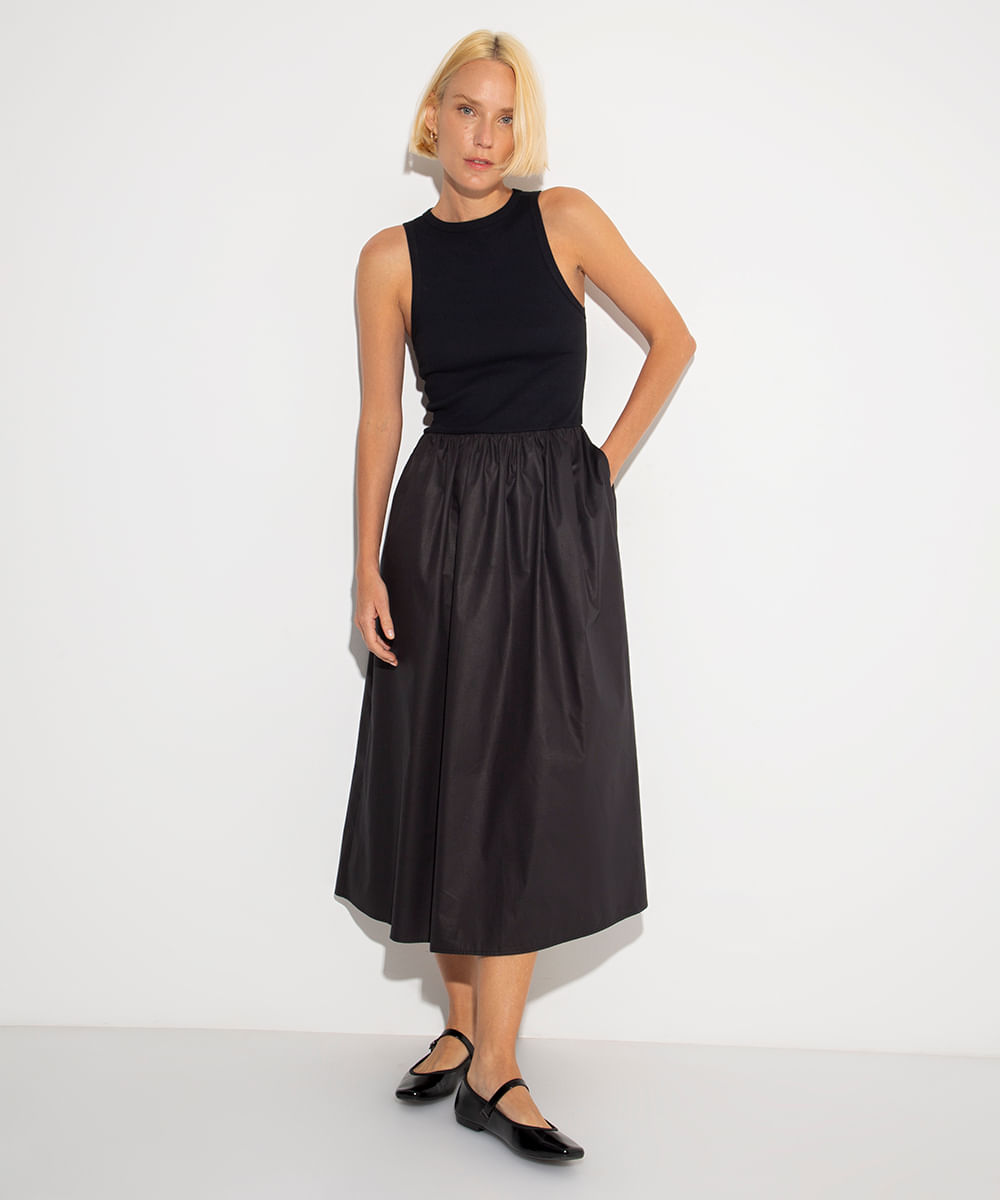 vestido midi de algodão mindset - preto