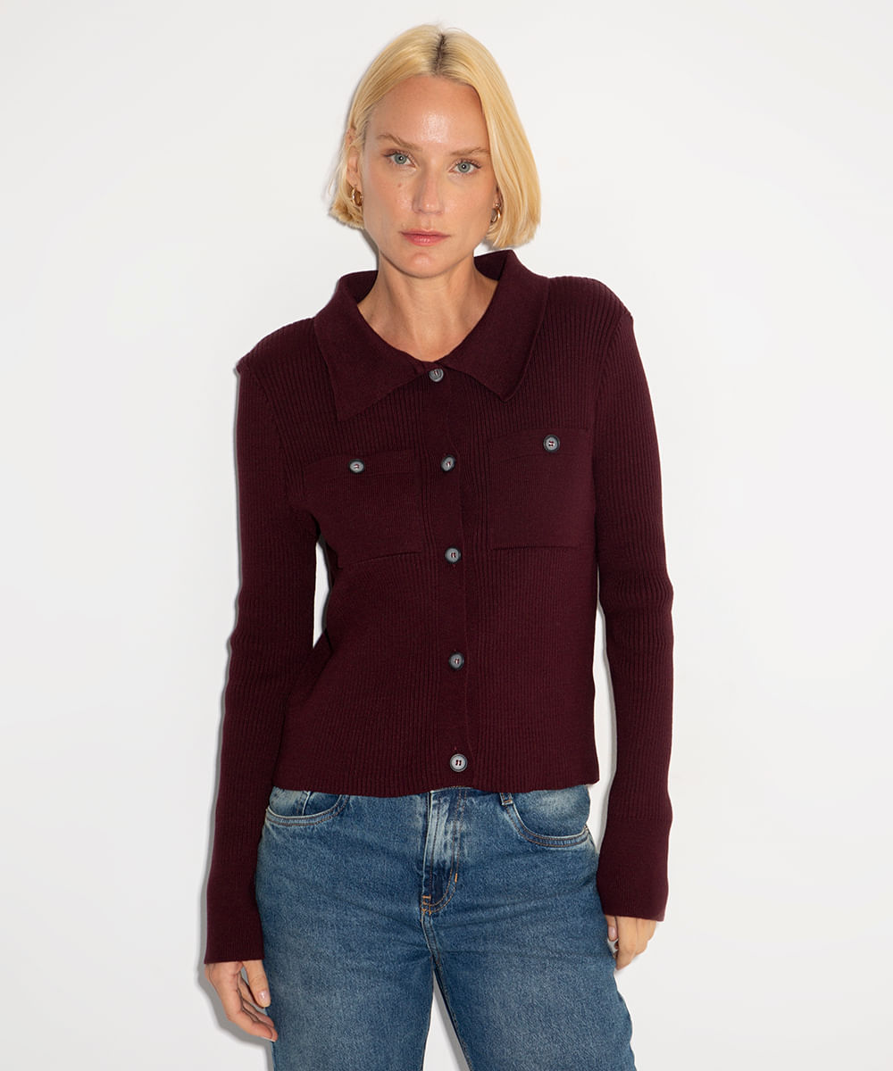 cardigan de tricot gola clássica mindset marrom