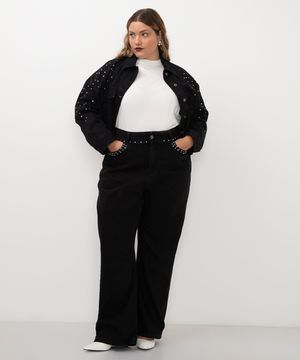 calça jeans reta com tachas plus size preta