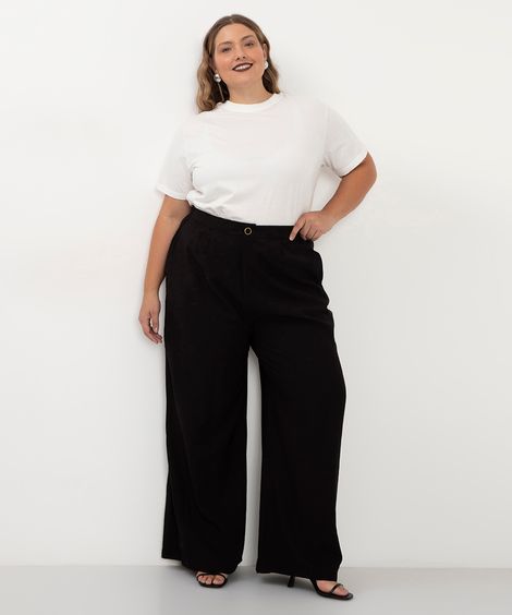calça de alfaiataria feminina com pregas plus size preta