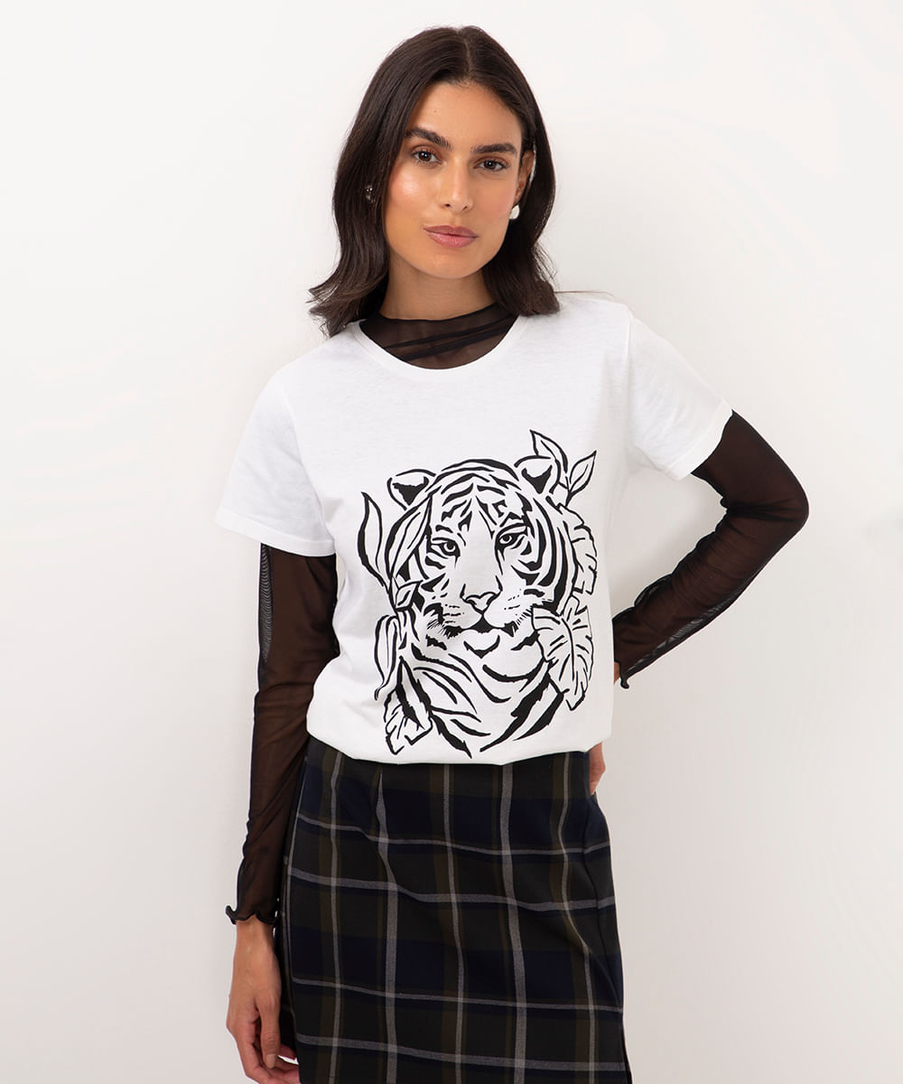 camiseta de algodão manga curta tigre off white