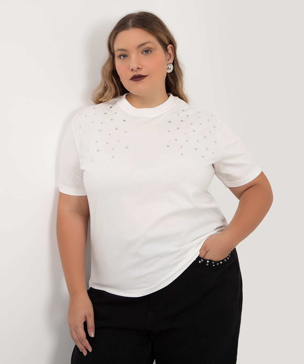 camiseta de algodão com strass plus size off white