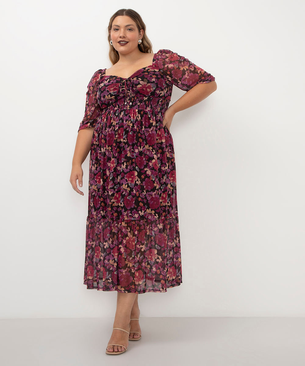 vestido de tule midi floral plus size preto