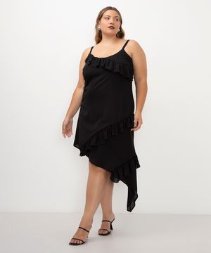 vestido midi com babados plus size preto