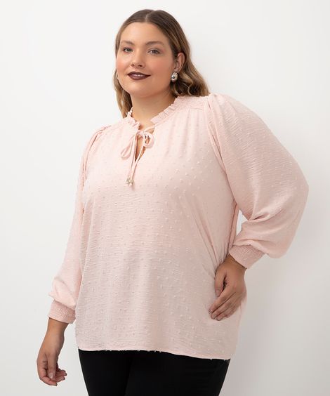 blusa com lastex manga bufante plus size rosa