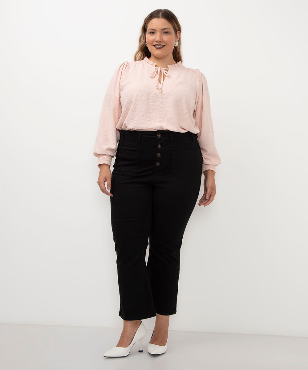blusa com lastex manga bufante plus size rosa