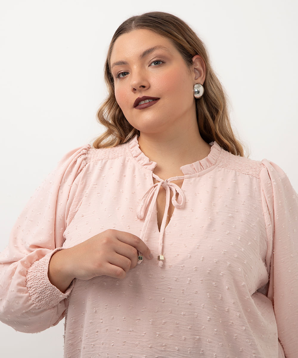 blusa com lastex manga bufante plus size rosa