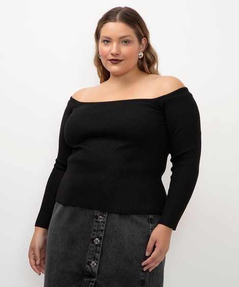 blusa de tricot ombro a ombro plus size preto