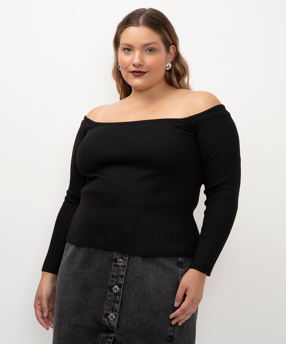 blusa de tricot ombro a ombro plus size preto