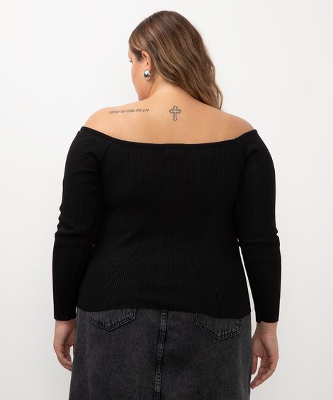 blusa de tricot ombro a ombro plus size preto