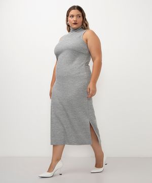 vestido de tricot midi gola alta plus size cinza