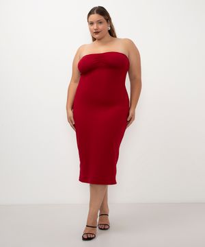 vestido de tricot sem alça plus size vermelho