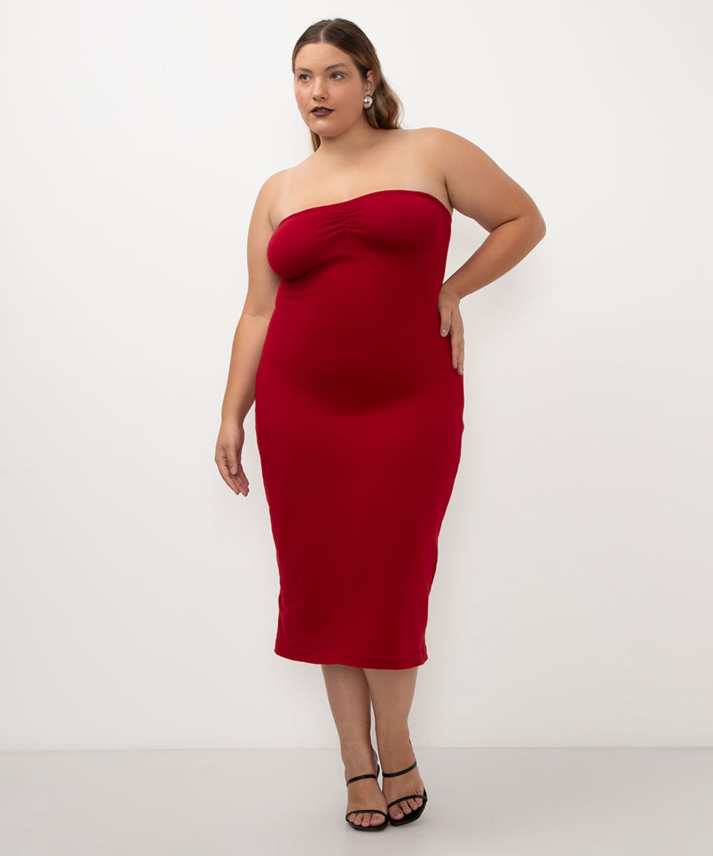 vestido de tricot sem alça plus size vermelho