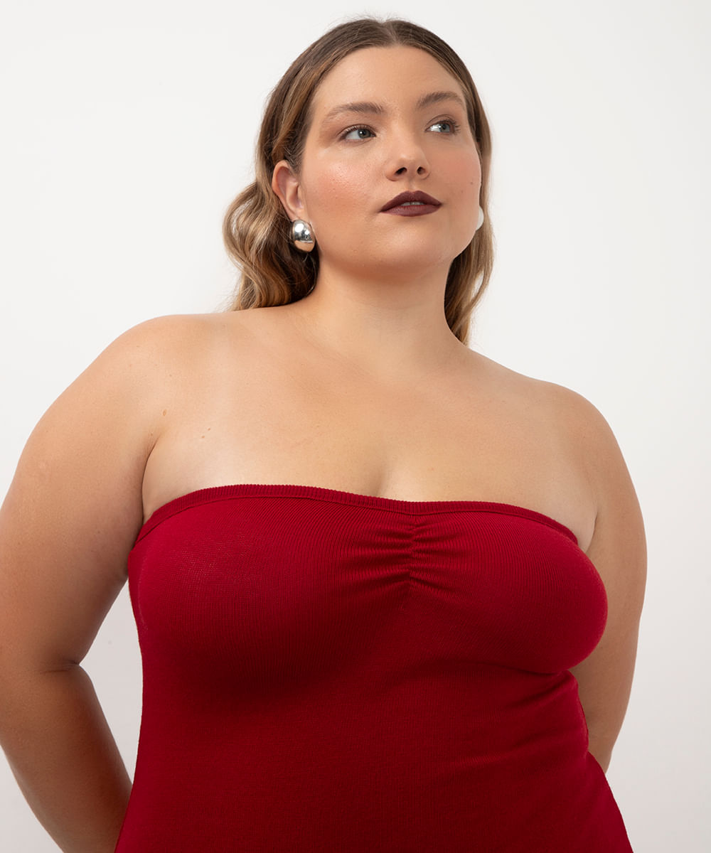 vestido de tricot sem alça plus size vermelho