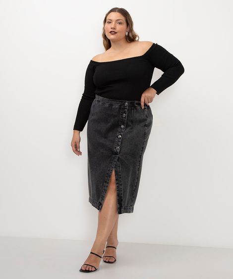 saia jeans midi abotoamento frontal plus size preto