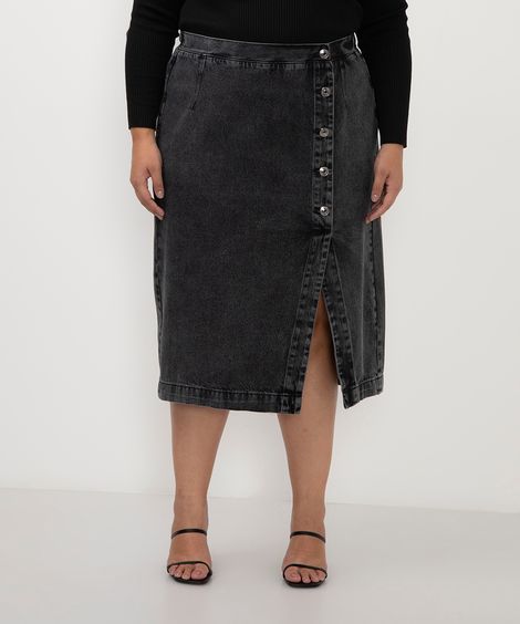 saia jeans midi abotoamento frontal plus size preto