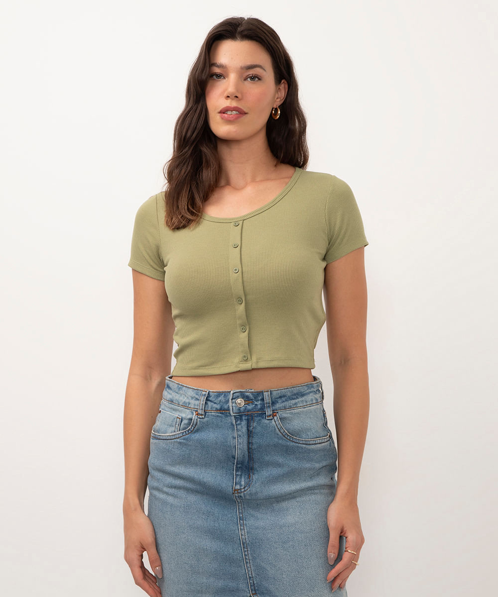 cropped básico manga curta botões verde