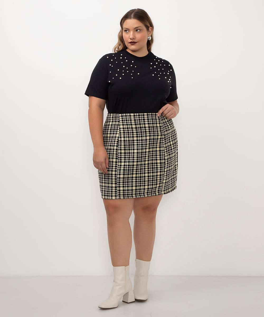 saia curta xadrez plus size preto