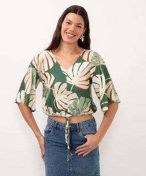 blusa com amarração folhagem manga curta ampla decote v verde