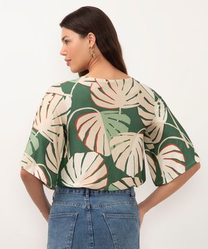 blusa com amarração folhagem manga curta ampla decote v verde