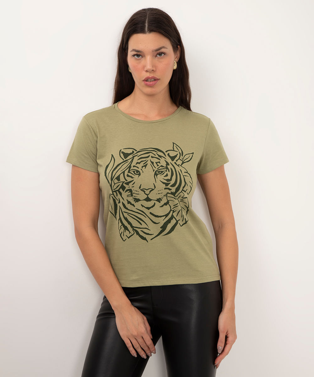 camiseta de algodão manga curta tigre verde
