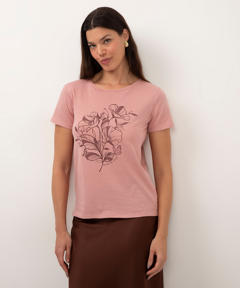 camiseta de algodão floral rosa