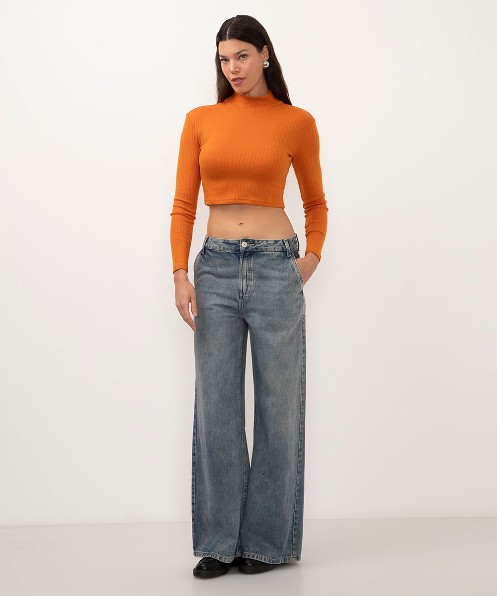 cropped de viscose básico canelado laranja