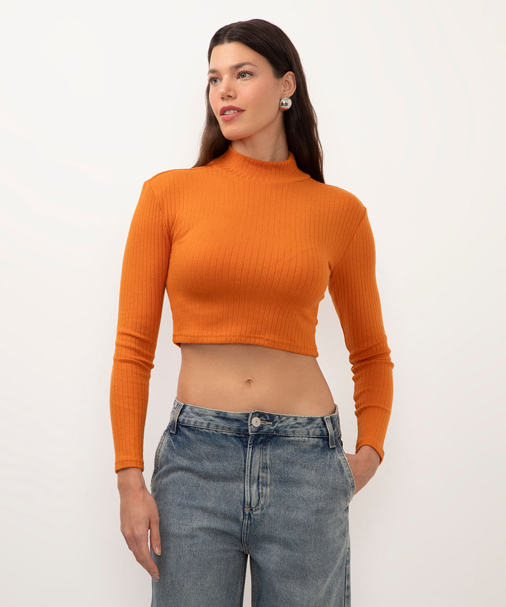 cropped de viscose básico canelado laranja