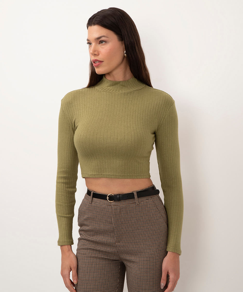 cropped de viscose básico canelado verde médio