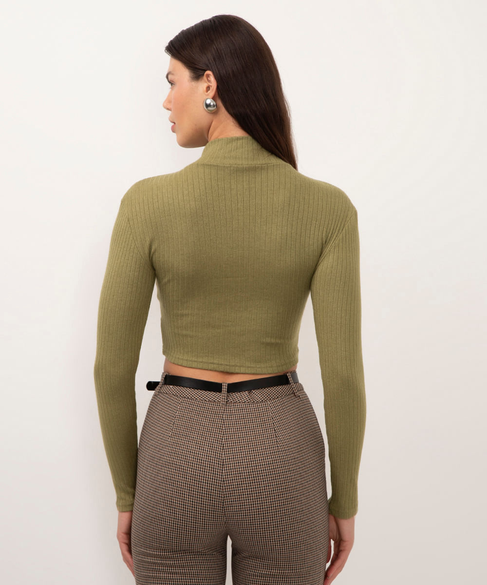 cropped de viscose básico canelado verde médio